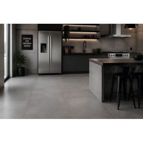 Cozinha integrada com porcelanato cinza no piso
